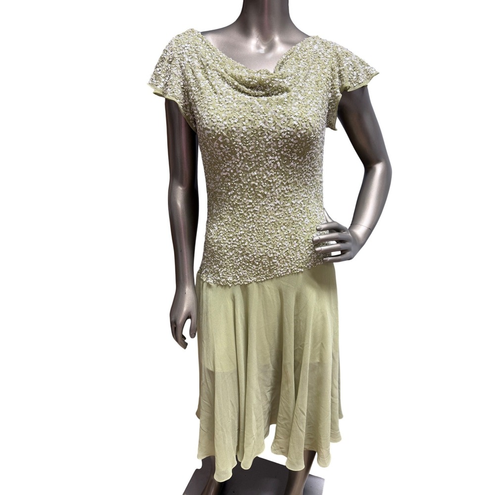 J Kara Sage Green Beaded Cowl Neck Midi Dress Flutter Sleeve 3295CE Womens 6